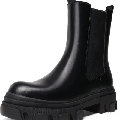 Women Platform Chelsea Boots Lug Sole Combat Mid Calf Slip On Chunky Ankle Booties