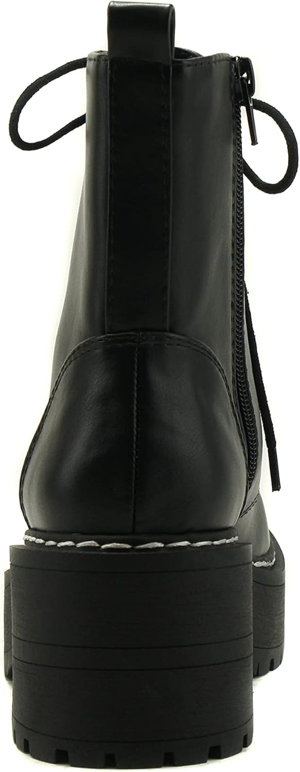 Women Chunky Lug Sole Lace up Fashion Combat Ankle Boot w/Side Zipper - Image 2