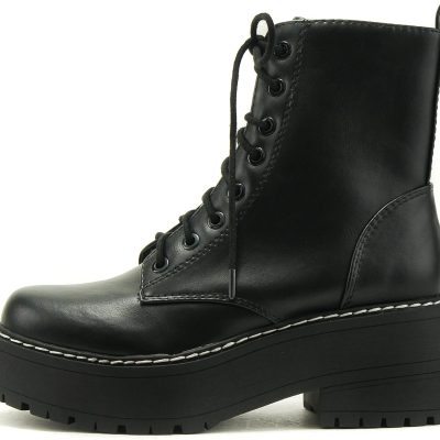 Women Chunky Lug Sole Lace up Fashion Combat Ankle Boot w/Side Zipper