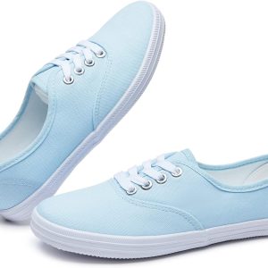 Women White Canvas Sneakers Low Top Lace-up Canvas Shoes Lightweight Casual Tennis Shoes