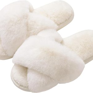 Women Fuzzy Slippers Cross Band Memory Foam House Slippers Open Toe