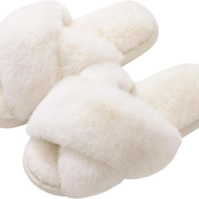 Women Fuzzy Slippers Cross Band Memory Foam House Slippers Open Toe